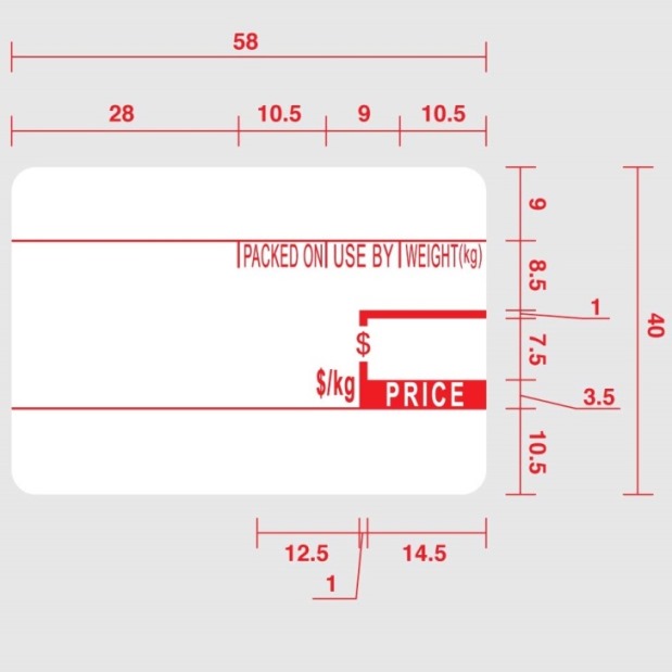 Thermal Scale Label 58 x 40mm - Pre-Printed - Sizing