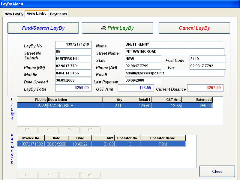 Retail Manager POS Software - View Lay-By Details