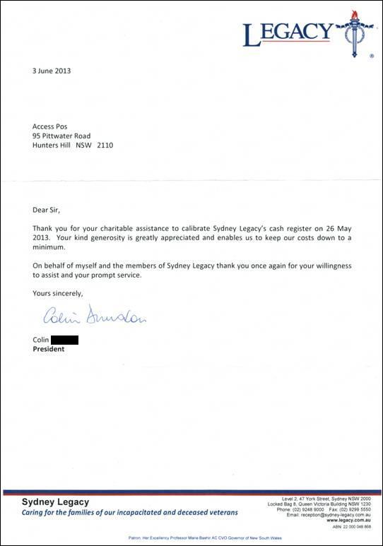 Thank you letter from Sydney Legacy to Access POS